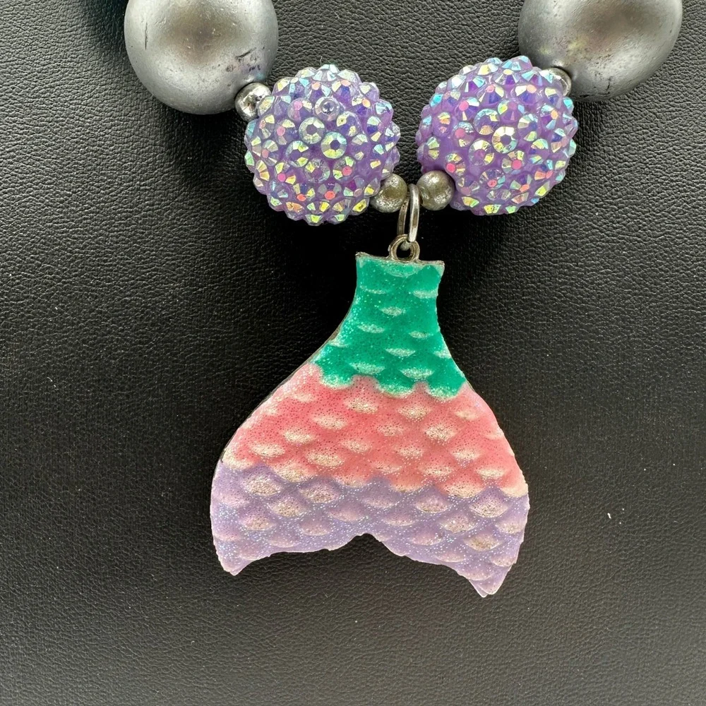 Vintage Chunky Bubblegum Bead Mermaid Tail Necklace Aqua Purple Kid Jewelry Gift